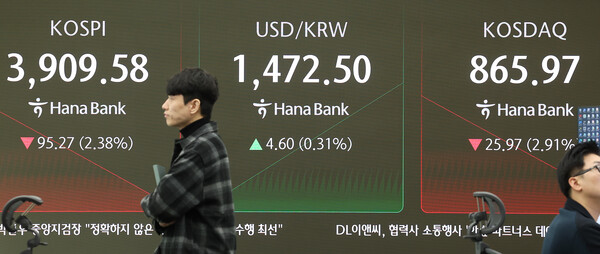 ▲서울 중구 하나은행 본점 딜링룸 현황판에 코스피 지수가 표시돼 있다. 사진=연합뉴스